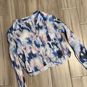 Nine West Shimmery Blue and Pink Patterned Button Down Blouse Small